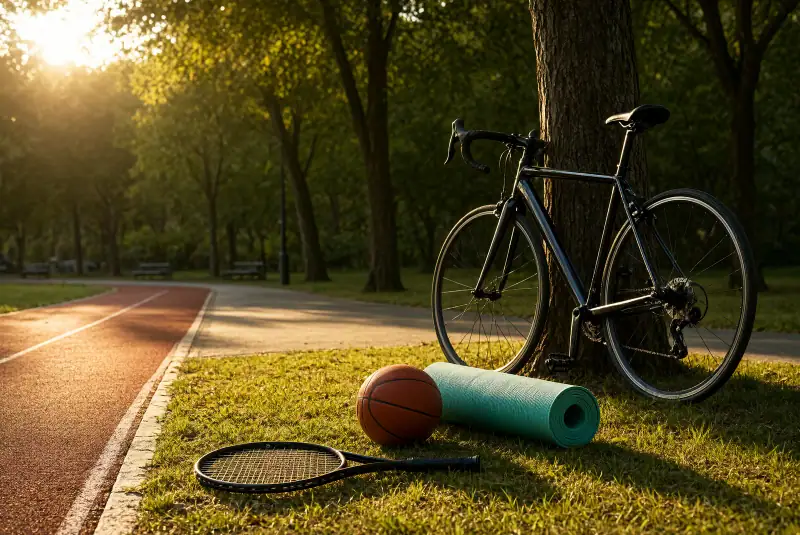 Parkur kenarında basketbol topu, tenis raketi, yoga matı ve bisikletle farklı spor türlerini gösteren sabah manzarası
